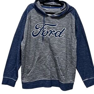Ford Racing Hoodie Pullover Gray Blue Mens Raglan Long Sleeve Kanga Pocket Large